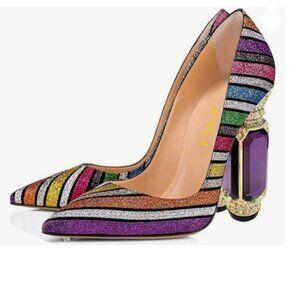 FSJ Multicolored Bridal Pointed Toe Chunky High Heel Crystal Pump Wedding Shoes